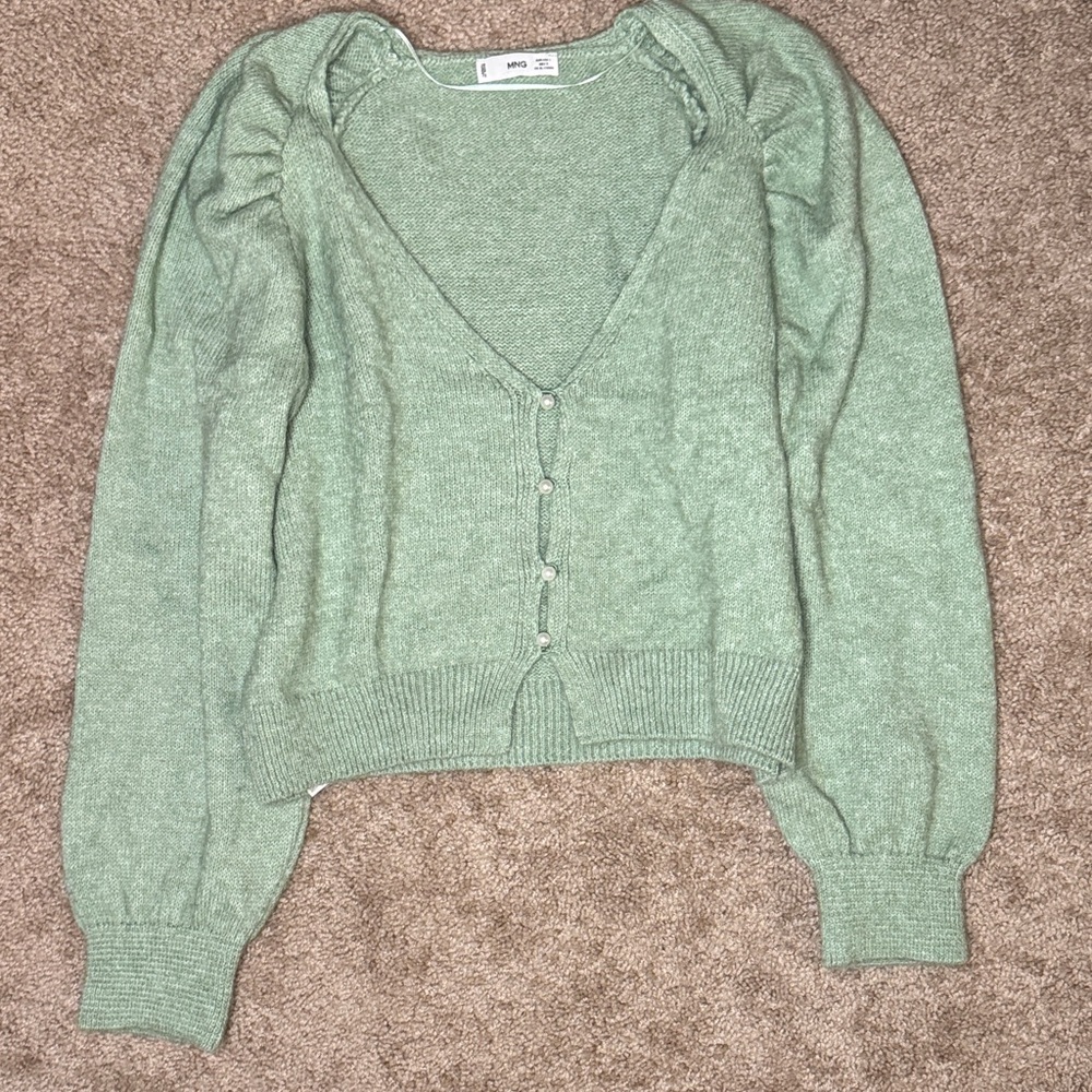 Mango Sage Green V-Neck Puff Sleeve Cardigan